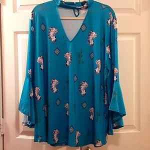 Turquoise aztec design top with bell sleeves